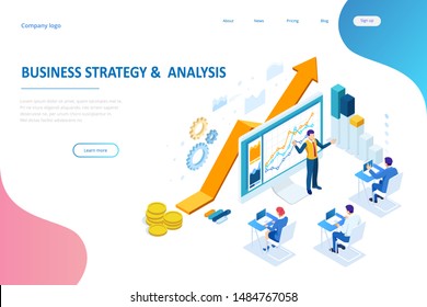 Isometric web business concept of financial administration, accounting, analysis, audit, financial report. Auditing tax process. Documents, graphics, charts, planner, calendar, report.