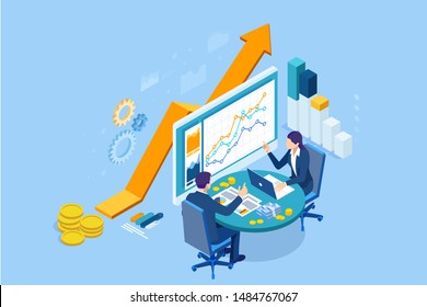 Isometric web business concept of financial administration, accounting, analysis, audit, financial report. Auditing tax process. Documents, graphics, charts, planner, calendar, report.