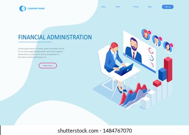 Isometric web business concept of financial administration, accounting, analysis, audit, financial report. Auditing tax process. Documents, graphics, charts, planner, calendar, report.