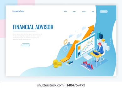 Isometric web business concept of financial administration, accounting, analysis, audit, financial report. Auditing tax process. Documents, graphics, charts, planner, calendar, report.