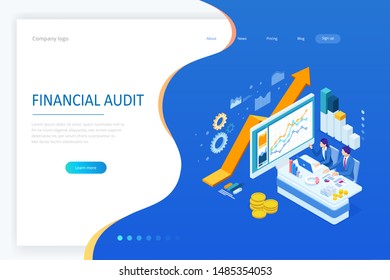 Isometric web business concept of financial administration, accounting, analysis, audit, financial report. Auditing tax process.  