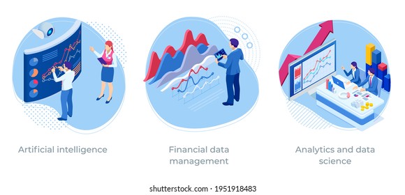 Isometric web business concept of financial administration, accounting, analysis, audit, financial report. Auditing tax process. Documents, graphics, charts, planner, calendar, report.