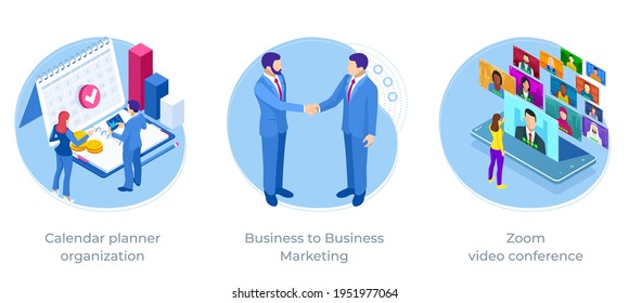 Isometric web business concept of financial administration, accounting, analysis, audit, financial report. Business to Business Marketing, Calendar planner organization