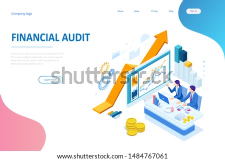 Isometric web business concept of financial administration, accounting, analysis, audit, financial report. Auditing tax process. Documents, graphics, charts, planner, calendar, report.