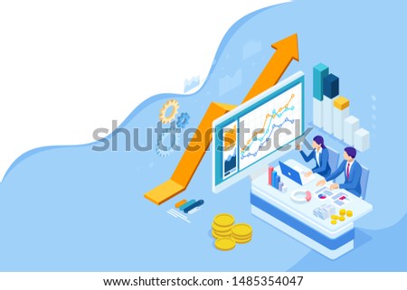 Isometric web business concept of financial administration, accounting, analysis, audit, financial report. Auditing tax process. 