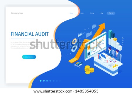 Isometric web business concept of financial administration, accounting, analysis, audit, financial report. Auditing tax process.  
