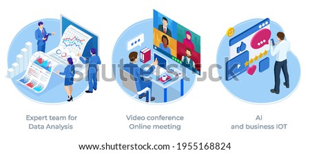 Isometric web business concept of financial administration, accounting, analysis, audit, financial report. Expert team for Data Analysis, video conference, AI and business IOT