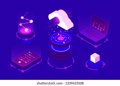 Isometric web cloud storage technology, networking concept. Business. Internet service. Header for website with Computer, laptop, smartphone.Big data processing, database. 3d servers, datacenter. Flat