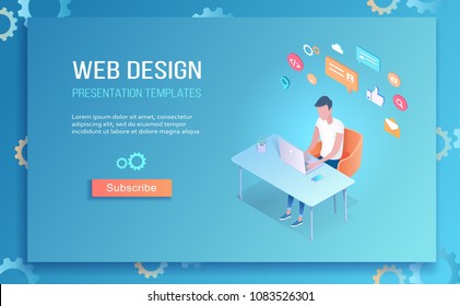 Isometric web design blue template creation. Young man working at the table with notebook. Web design process. Web icons