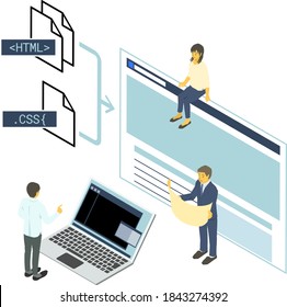 Isometric web design and coding team concept vector illustration