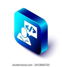 Diseño Web isométrico e icono de desarrollo frontal aislado en fondo blanco. Botón cuadrado azul. Vector