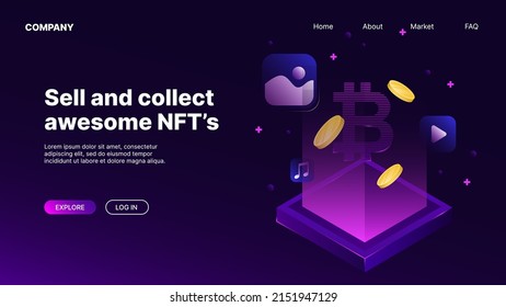 Isometric Web Design Template. Landing page for NFT Marketplace. Vector illustration