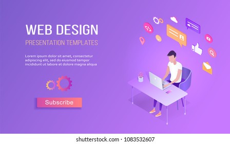Isometric web design template with violet background. Young man with notebook on the table .Web design process. Web icons