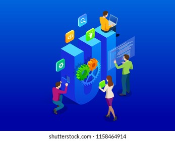 Isometric web development and coding concept. App Development for website and mobile website. Vector illustrations.