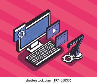 Isometric web development computer and technology icons