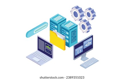 Isometric web development concept.Designers prototyping and coding, working on ui ux for mobile apps and pages layouts.on white background.3D design.isometric vector design Illustration.