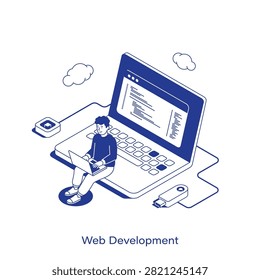 Isometric web development vector illustration. Software coding concept featuring a programmer sitting on a laptop with code on screen. Clean IT technology layout