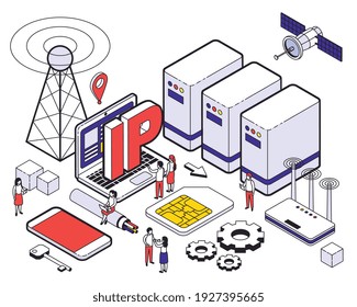 Isometric web hosting colored concept with different elements of hosting and digital tools vector illustration