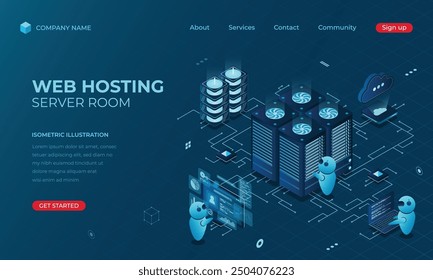 Isometric web hosting landing page concept. Concept of server hosting. Online computing technology. Digital technology website landing page