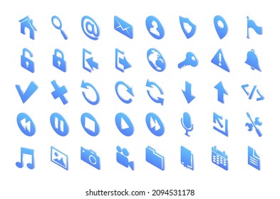 Isometric web icons with symbols of mail, search, home, globe and photo. Vector set of blue buttons for website, computer or phone with signs of media, message, calendar, music and download