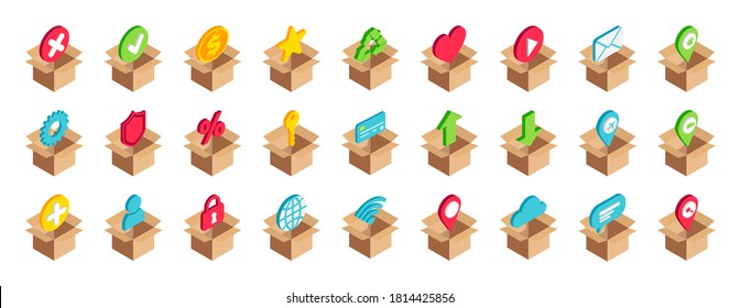 Isometric web and logistic services box icon set. Vector 3d Network, security, banking, delivery, transportation symbols in open cardboard box for design, infographics, web, mobile app, social media.