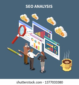 Isometric web SEO composition with seo analysis headline and three colleagues look on abstract statistics and graphs vector illustration