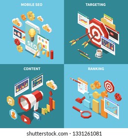 Isometric web SEO icon set with mobile seo targeting content and ranking descriptions vector illustration