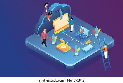 Isometric web server connected with smart phone, miniature people maintain and analysis the data with infographic elements. 3D Landing page design for Data Analysis and Management.