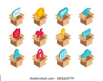 Isometric Web Services box icon set. 3d Network , message, security, banking, user and money symbols in open cardboard box. Vector Illustration for design, infographics, web, mobile app, social media.