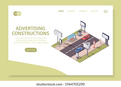 Isometric web site landing page with city advertising constructions 3d vector illustration