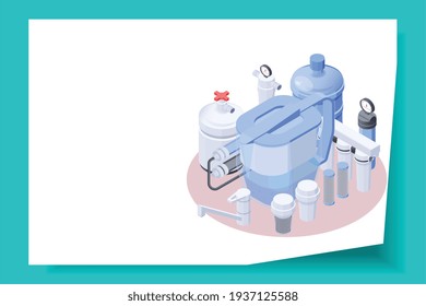Isometric web site page with 3d icon of water filtration equipment vector illustration