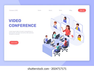 Isometric webinar, video conference or meeting, online business training. Businesspeople talking to colleagues in video call vector landing page. Man and woman working remotely, leader talking