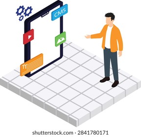 Isometric webmaster managing content management system on smartphone interface