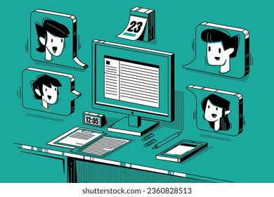 Isometric website design of laptop and online chat vector illustration. Digital web site graphic icon with bubble talk and guy avatar near calendar. Flat workplace for internet meeting on table