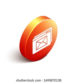 Isometric Website and envelope, new message, mail icon isolated on white background. Usage for e-mail newsletters, headers, blog posts. Orange circle button. Vector Illustration