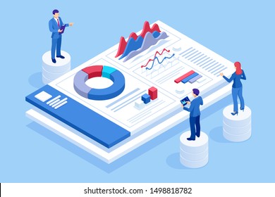 Isometric website and mobile website development concept. Website promotion and analytics, Social Media Marketing website