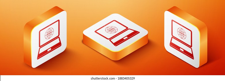 Isometric Website on laptop screen icon isolated on orange background. Globe on screen of laptop symbol. World wide web symbol. Orange square button. Vector.
