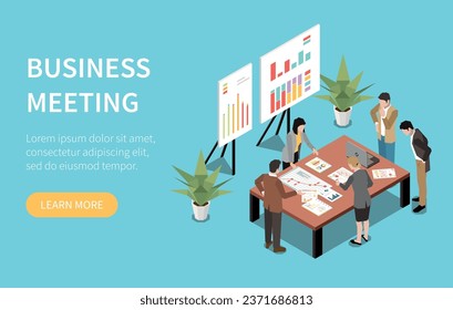 Isometric website page template with office workers during business meeting on blue background vector illustration
