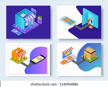 Isometric website template collection in four different style with online food store for e-commerce concept.