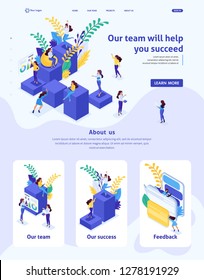 Isometric Website Template Landing page concept concept career ladder for women, success in big business. Business lady succeeds. Adaptive 3D