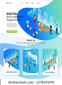 Isometric Website Template Landing Page Concept Of Digital Procurement, Marketing Research, Teamwork. Adaptive 3D