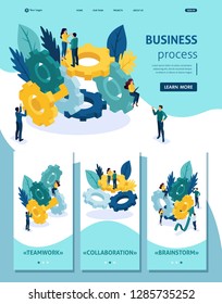Isometric Website Template Landing page Teamwork, brainstorming, Team collaboration on the business process. Adaptive 3D.