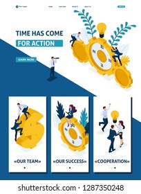 Isometric Website Template Landing page Time has come for action Businessmen climb the clock, cooperation for success. Adaptive 3D.
