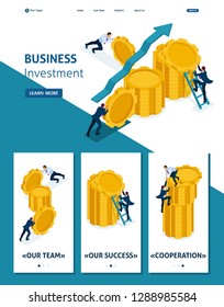 Isometric Website Template Landing page Business investment in business development, entrepreneurs build savings. Adaptive 3D