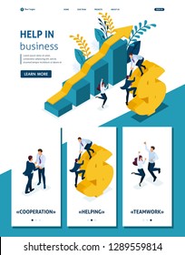 Isometric Website Template Landing page Helping Hand. Large business helps small business development. Adaptive 3D