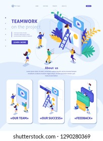 Isometric Website Template Landing page workflow and teamwork of a big team on a project. Adaptive 3D.