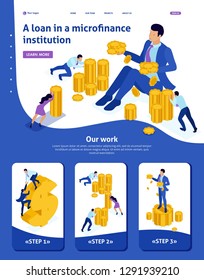 Isometric Website Template Landing page microfinance organization, big businessman holding a lot of money. Adaptive 3D.
