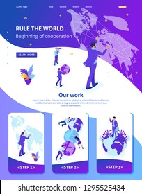 Isometric Website Template Landing page Big businessman running the world, world map. Adaptive 3D.