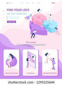 Isometric Website Template Landing page acquaintance, love, meeting, people connect parts of a big heart. Adaptive 3D.