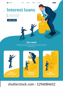 Isometric Website Template Landing page Big businessman lends money to small businessmen. Adaptive 3D.